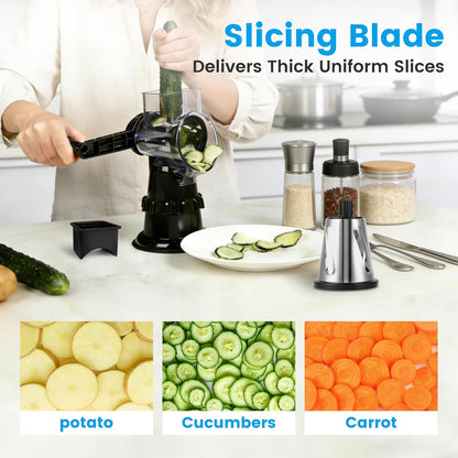 Rotary Cheese Grater Hand Crank, Vegetable Slicer with 3 Blades, Stable Suction, Labor-Saving Handle, Cheese Shredder for Potato Vegetables Nuts Chocolate, Black