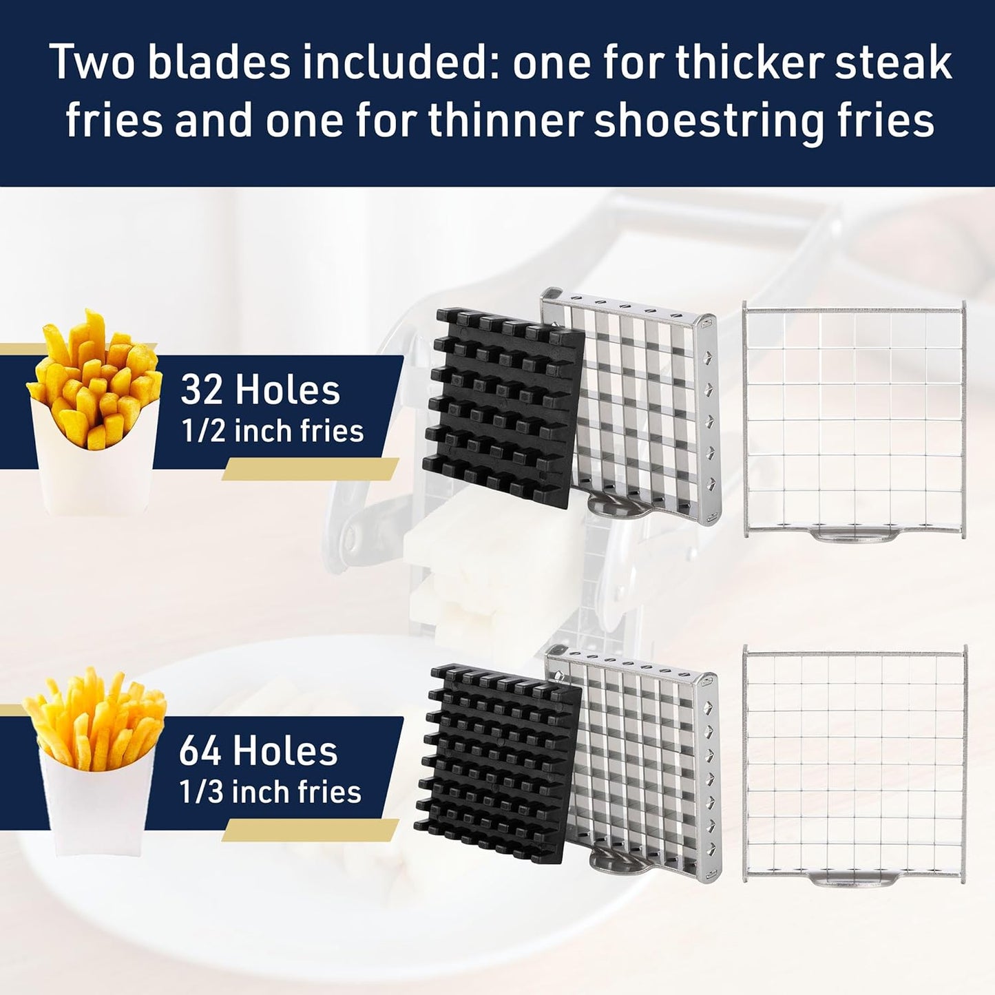 French Fry Cutter - Potato Cutter with Two Blades for Steak and Shoestring Cuts - Stainless Steel Potato Slicer with Non-Slip Suction Cups - Cooking Gadgets by Classic Cuisine