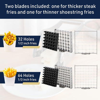 French Fry Cutter - Potato Cutter with Two Blades for Steak and Shoestring Cuts - Stainless Steel Potato Slicer with Non-Slip Suction Cups - Cooking Gadgets by Classic Cuisine