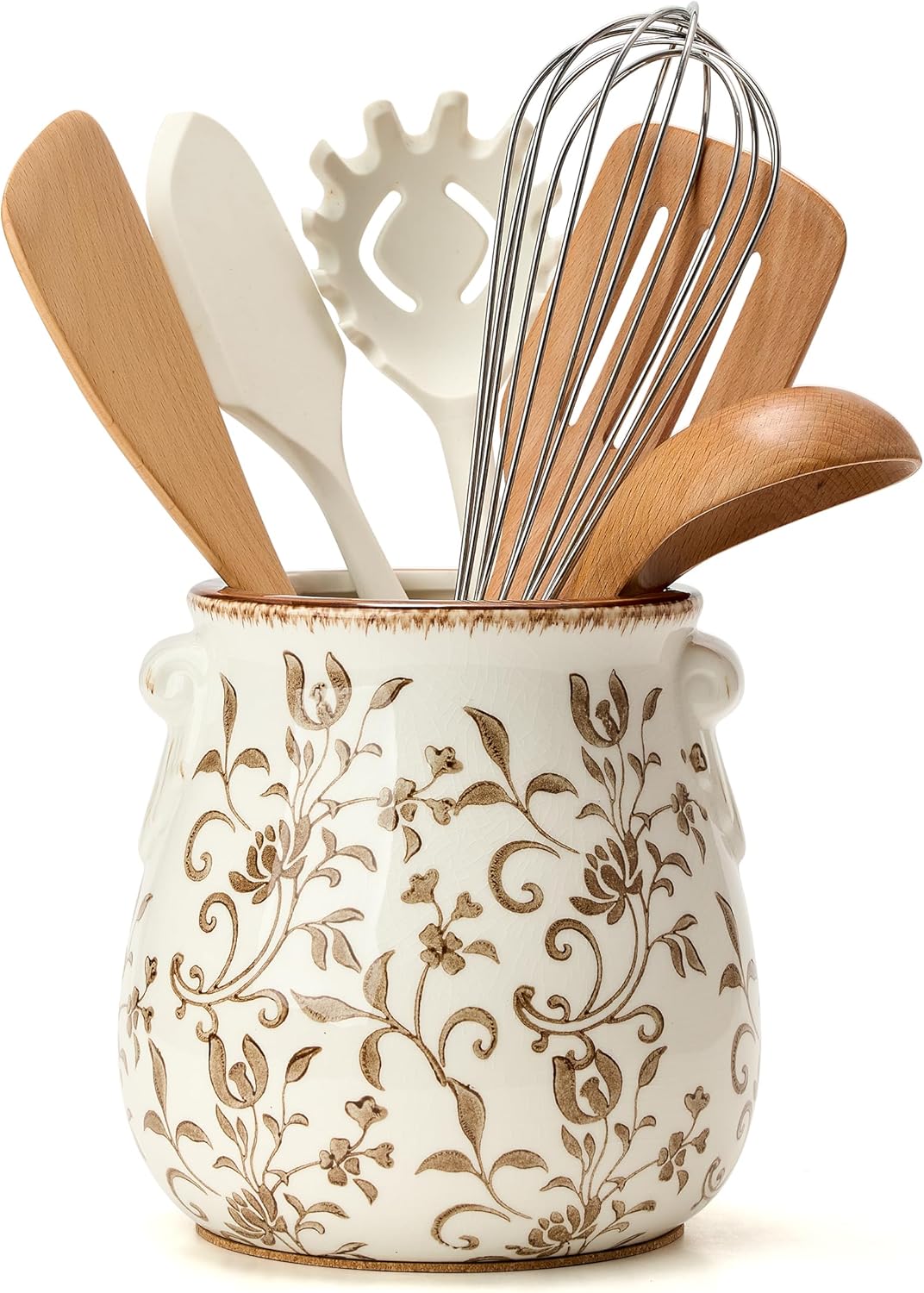Utensil Holder for Kitchen Counter, Modern Farmhouse Rustic Cooking Utensil Holder and Crock, Exquisite Chinoiserie Floral Ceramic Utensil Organizer for Home Kitchen Decor- Green and Beige