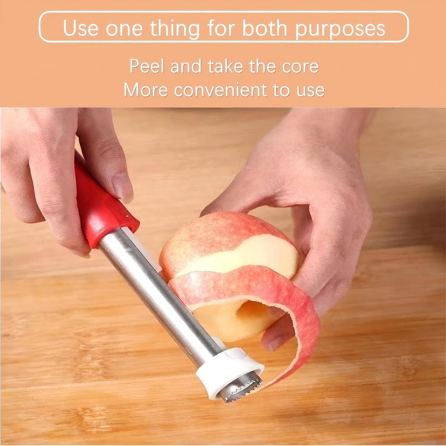2-in-1 Retractable Fruit Corer and Peeler, Stainless Steel Vegetable Peeler and Core Remover Tool for Apples, Pears, Potato, Ergonomic Kitchen Gadget for Food Prep, Red, 8.86 x 1.3 in