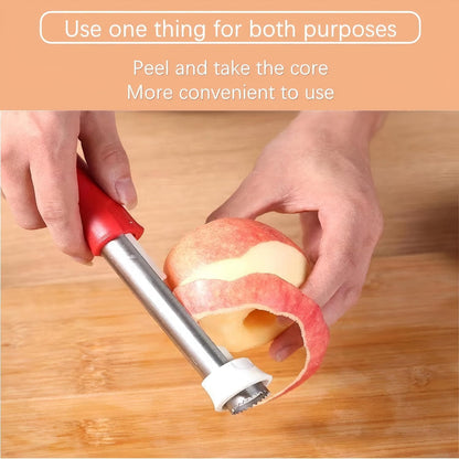 2-in-1 Retractable Fruit Corer and Peeler, Stainless Steel Vegetable Peeler and Core Remover Tool for Apples, Pears, Potato, Ergonomic Kitchen Gadget for Food Prep, Red, 8.86 x 1.3 in