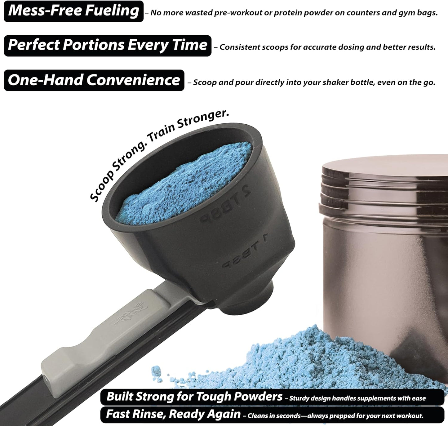 the original measuring scoop + funnel No spill preparation of protein powder, workout & sports drinks, baby formula & kcup refill Mess & Spill free - (Set of 1 & 2 Tablespoon) Black Scoop
