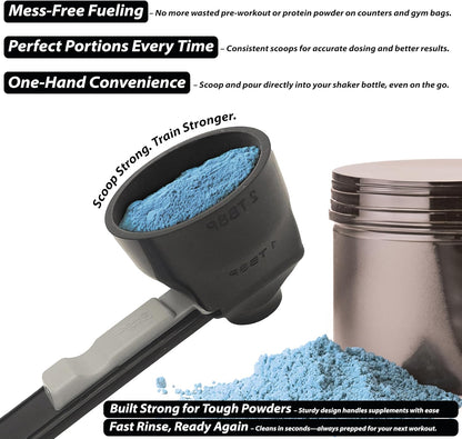 the original measuring scoop + funnel No spill preparation of protein powder, workout & sports drinks, baby formula & kcup refill Mess & Spill free - (Set of 1 & 2 Tablespoon) Black Scoop