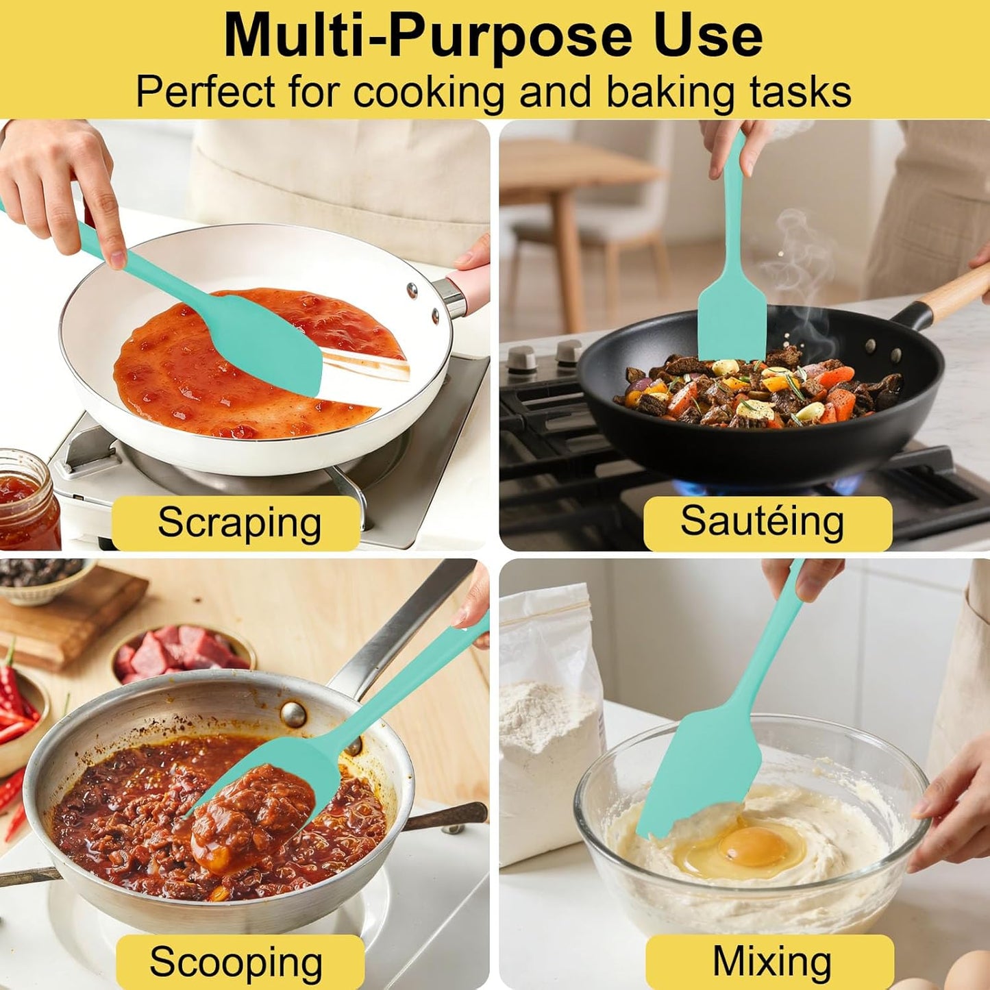4 Pack Silicone Spatulas, 11.4 In, High Heat Resistant, BPA Free Rubber Spoon Spatula Set for Cooking, Baking, Mixing, Flexible Kitchen Utensils for Nonstick Cookware, Seamless (Blue)