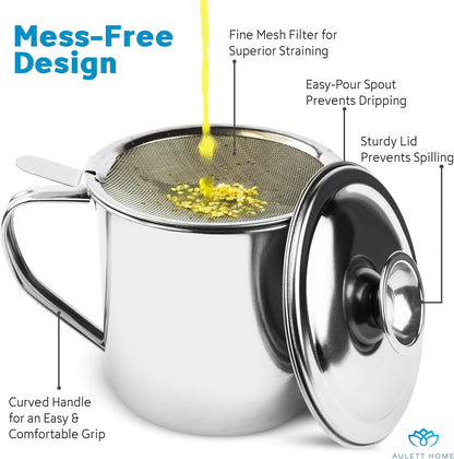 Bacon Fat Container with Oil Strainer - 40 oz Stainless Steel Grease Separator for Kitchen - Oil Separator for Cooking, Storing Fats, Drippings - Grease Keeper for Bacon Fat - 4.5x4.9-Inch
