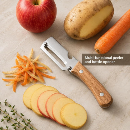 Multifunctional Vegetable Peeler with Wooden Handle, 2-in-1 Stainless Steel Peeler with Built-in Bottle Opener, Ergonomic Peelers for Kitchen, Sharp Vegetable Peeler for Potato, Carrot & Fruit(2)