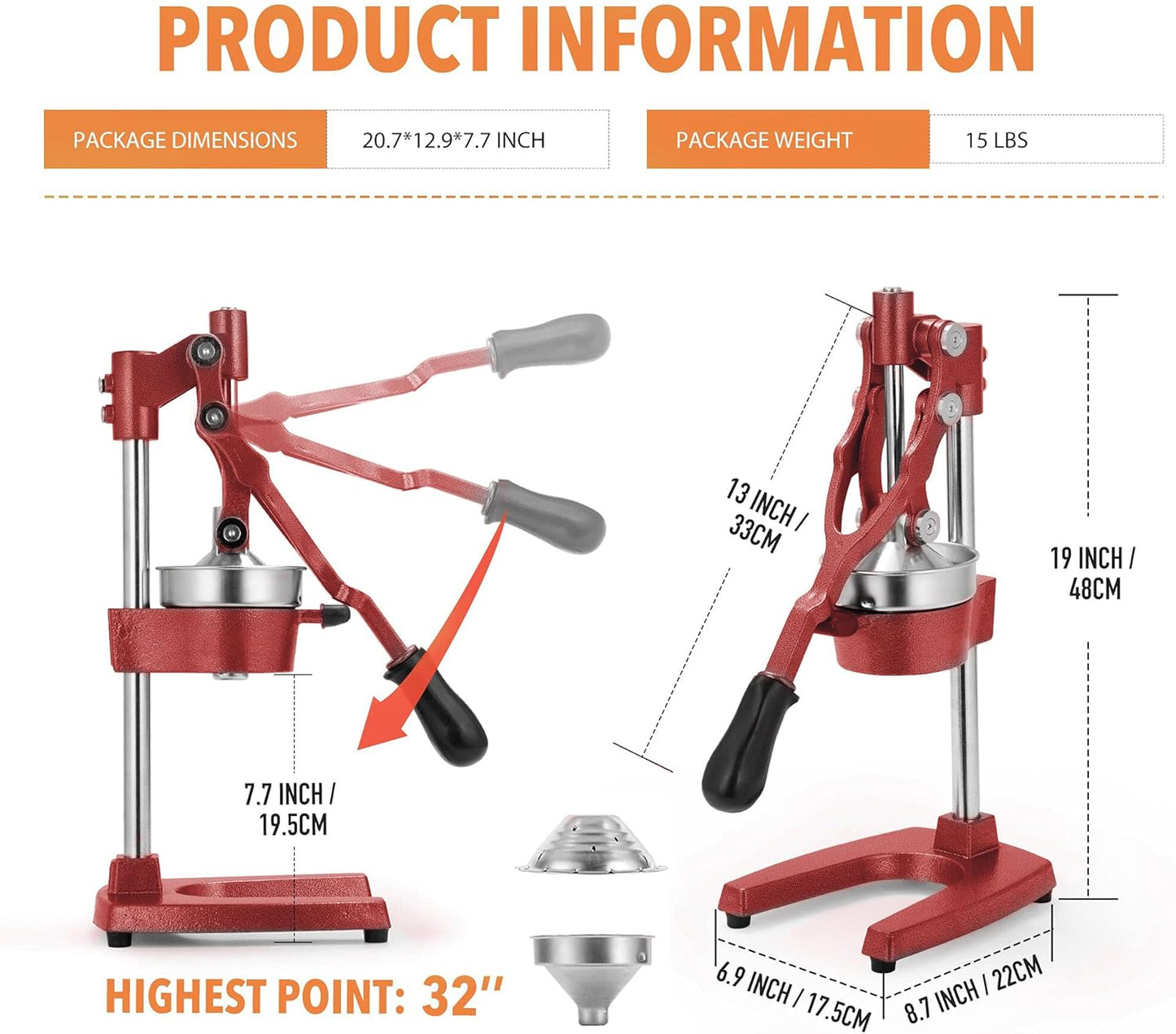 Commercial Heavy Duty Cast Iron Hand Press Manual Orange Citrus Lemon Lime Grapefruit Pomegranate Fruit Juice Squeezer Machine with Stainless Steel Cup