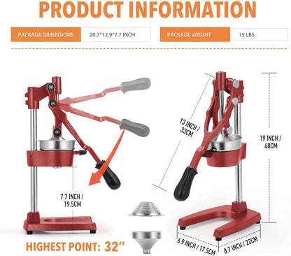 Commercial Heavy Duty Cast Iron Hand Press Manual Orange Citrus Lemon Lime Grapefruit Pomegranate Fruit Juice Squeezer Machine with Stainless Steel Cup