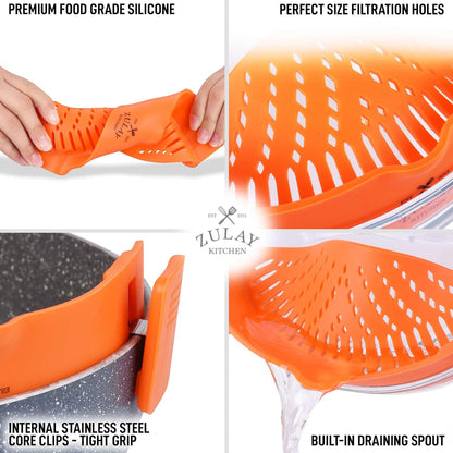 Zulay Silicone Pot Strainer - Adjustable Snap On Strainer For Most Pans & Pots - Food Grade, Heat Resistant, Colander For Draining Pasta, Fruits & Vegetables (Orange)
