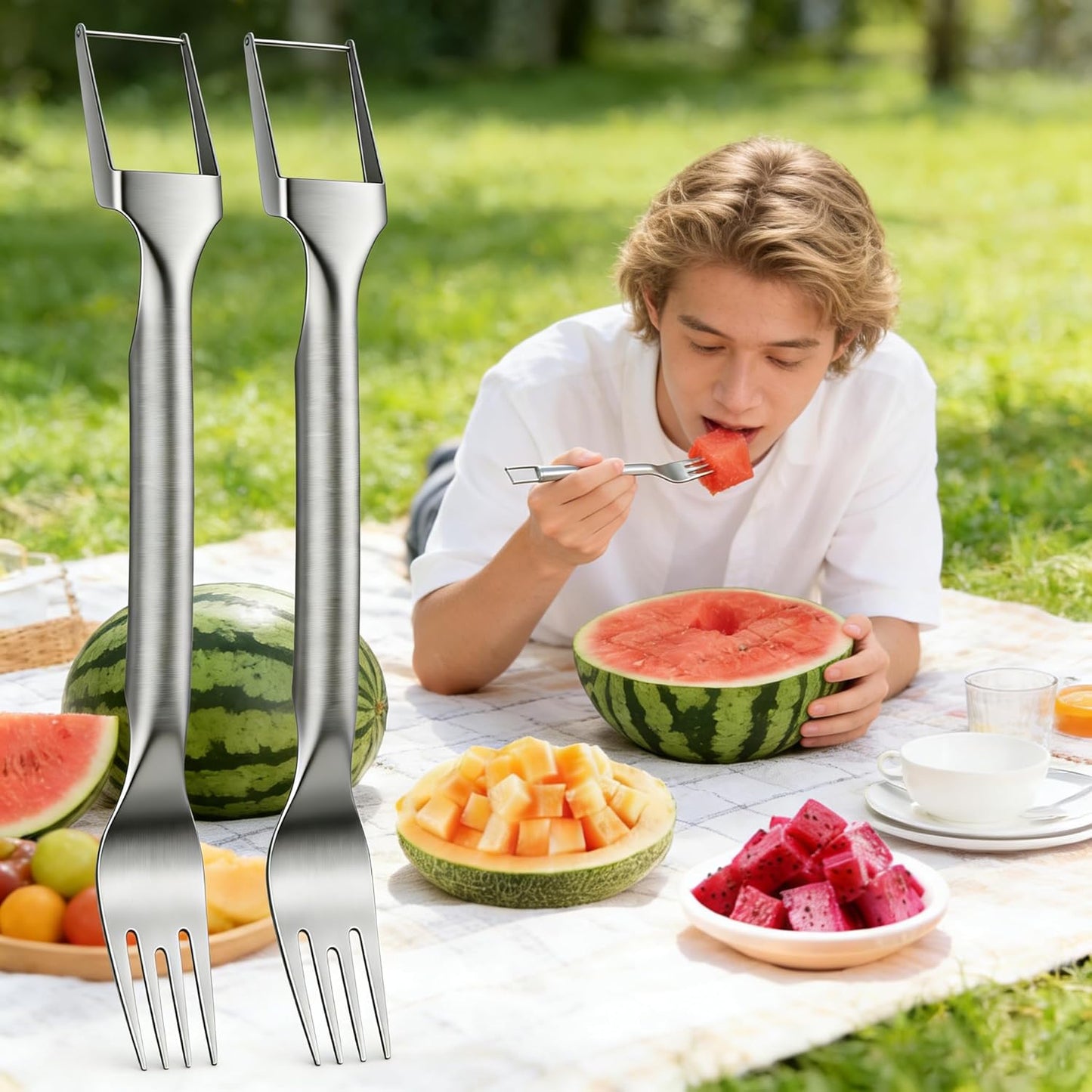 Watermelon Fork Slicer Cutter, 2PCS Stainless Steel 2-in-1 Watermelon Cutter, Portable Watermelon Fork Watermelon Cutter Slicer Tool Fruit Forks Slicer for Home Party Camping Kitchen Gadget