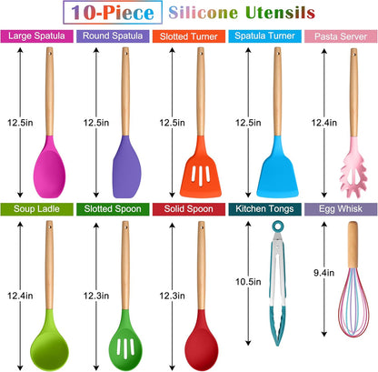 E-far Silicone Cooking Utensils Set, 10-Piece Heat Resistant Kitchen Utensils Set with Wooden Handle for Nonstick Cookware, Kitchen Nonstick Tools Spatula Whisk Tongs Ladle, Non-toxic & Healthy(Khaki)