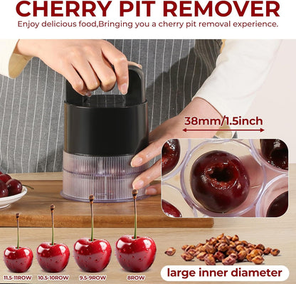 Cherry Pitter Tool - 7-in-1 Multiple Cherry Corer with 1.5" Extra Large Slots for Jumbo Cherries, Olive Pitter, Transparent Pit Container, Dishwasher Safe, Anti-Splash Design