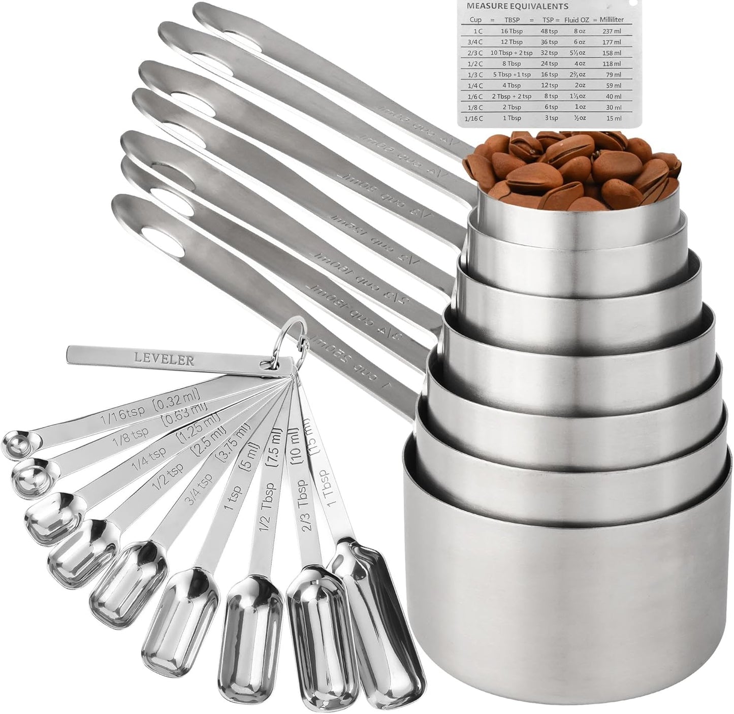 Measuring Cups and Spoons Set, 18/8 Stainless Steel Measuring Cups and Spoons Set for Kitchen & Baking, 5 MeasurE Cups &6 Long MeasurE Spoons&Leveler, Metric Measure Tools for Dry & Liquid