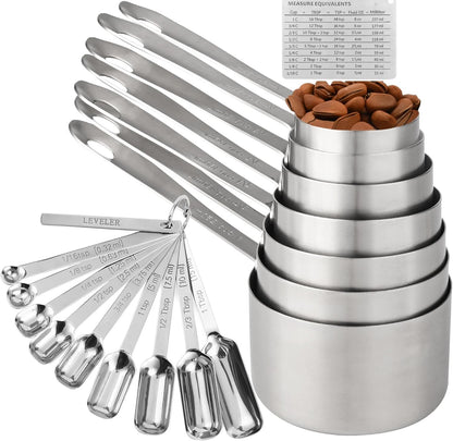 Measuring Cups and Spoons Set, 18/8 Stainless Steel Measuring Cups and Spoons Set for Kitchen & Baking, 5 MeasurE Cups &6 Long MeasurE Spoons&Leveler, Metric Measure Tools for Dry & Liquid