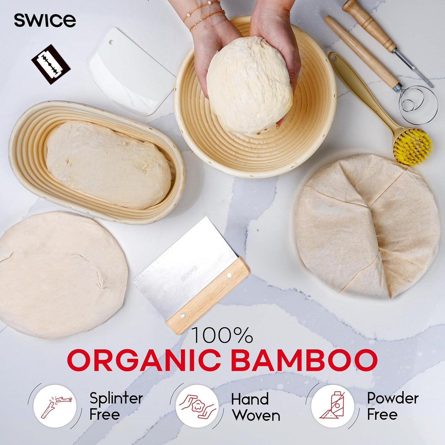 Swice Bread Proofing Basket, Round 9-Inch Banneton Sourdough Starter Kit with Lame, Dough Scraper, Linen Liner, and Basting Brush, Complete Bread Making Supplies and Tools