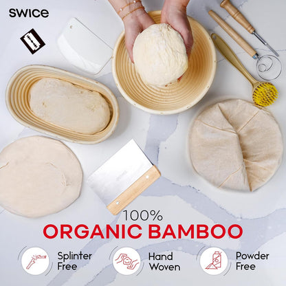 Swice Bread Proofing Basket, Round 9-Inch Banneton Sourdough Starter Kit with Lame, Dough Scraper, Linen Liner, and Basting Brush, Complete Bread Making Supplies and Tools