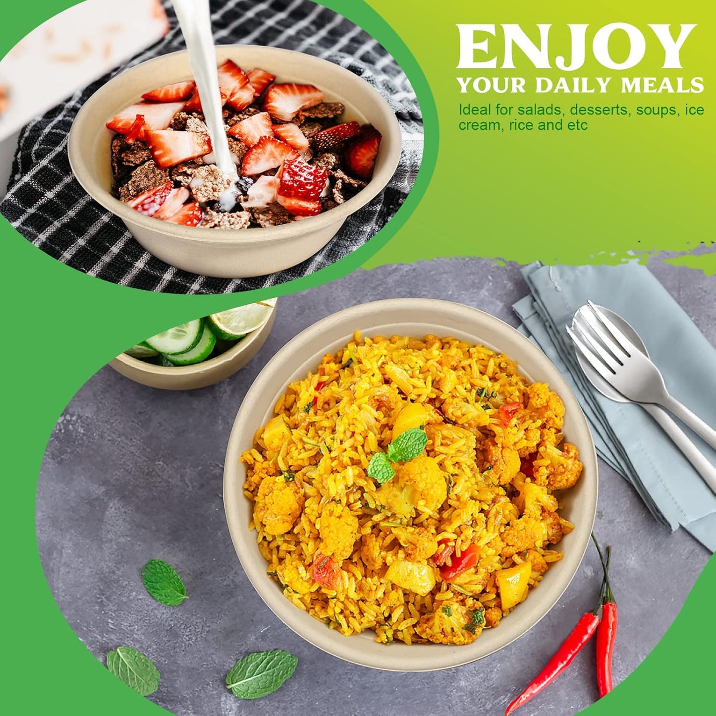 greensight Large Compostable Bowls - 32 oz, 100 Pack, Heavy Duty, Microwavable Safe, White Bagasse Bowls for Hot Soup, Salads, Cereals