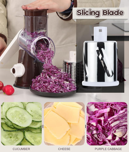 Ourokhome Rotary Cheese Grater Hand Crank, Kitchen Shredder Speed Mandolin Slicer Nut Grinder with Handle and Drum Blades for Cheese, Vegetable, Walnut, Chocolate, Potato, Carrot, 3 Blades, Dark Blue