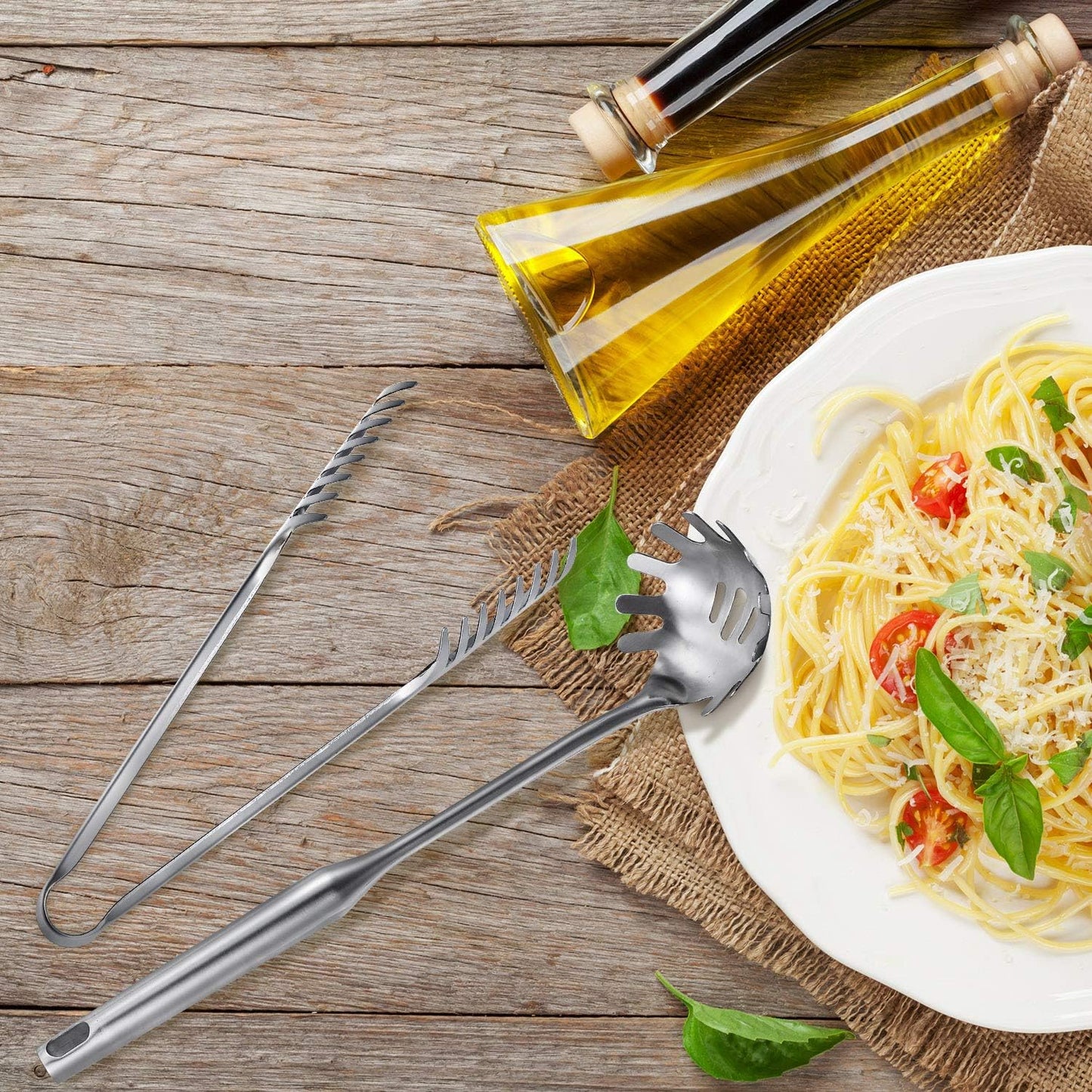 Patelai Stainless Steel Spaghetti Spoon and Pasta Tongs Set, Long Handle Noodle Server Tools with Drain Holes, Non-slip Grip for Cooking, Serving Pasta and Noodles(Sliver)