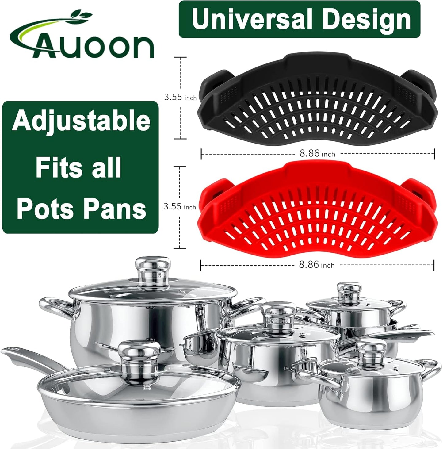 2PACK AUOON Clip on Strainer for All Pots Pans - Silicone Pasta Strainer Kitchen Colander for Draining Noodles Spaghetti Ground Beef Grease｜Easy to Use and Store, Dishwasher Safe (BlackGreen)