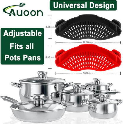 2PACK AUOON Clip on Strainer for All Pots Pans - Silicone Pasta Strainer Kitchen Colander for Draining Noodles Spaghetti Ground Beef Grease｜Easy to Use and Store, Dishwasher Safe (BlackGreen)