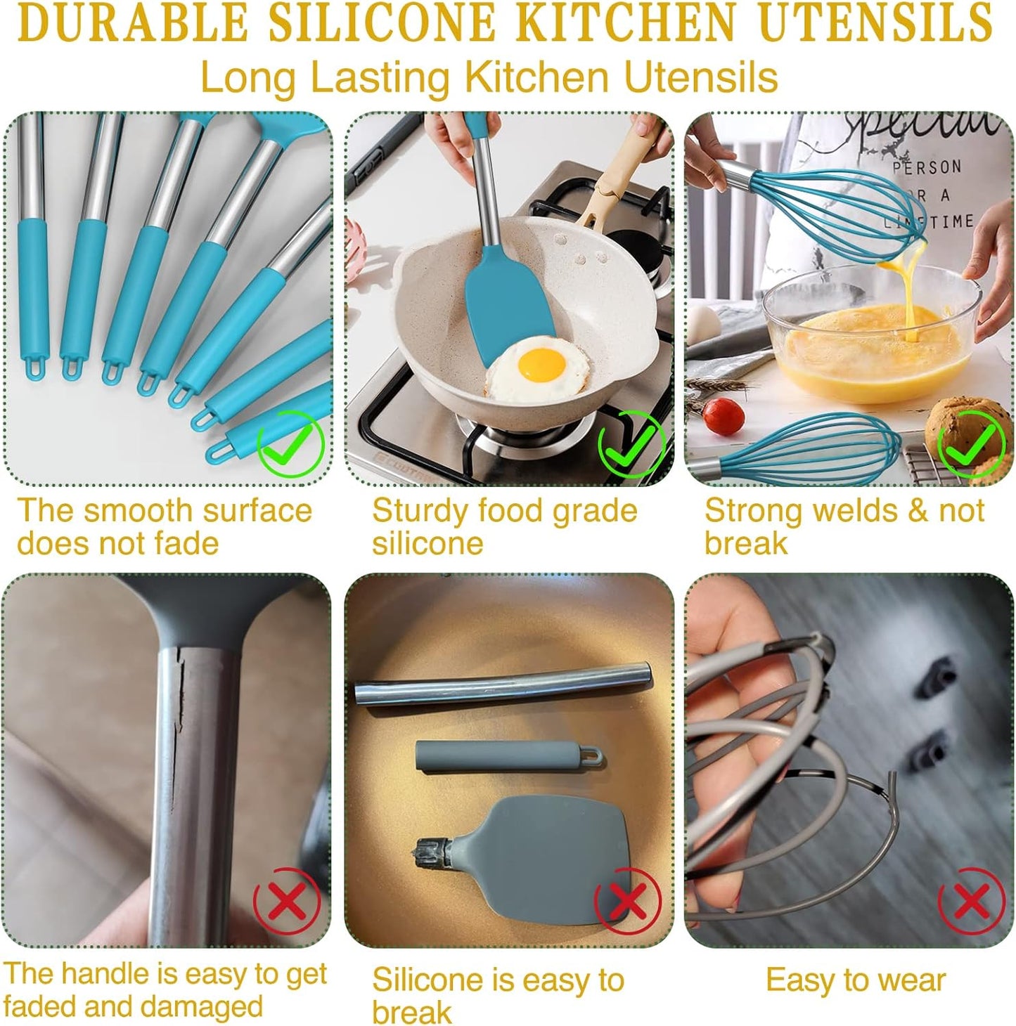 Silicone Cooking Utensil Set, Umite Chef 15pcs Silicone Cooking Kitchen Utensils Set, Non-stick - Best Kitchen Cookware with Stainless Steel Handle - Black Kitchen Utensils