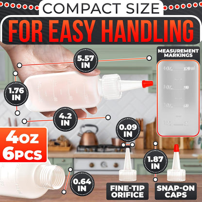 Set of 6 Inverted Condiment Squeeze Bottles 16 oz – Upgraded Design with Added Sealing Gaskets, Self-Closing Valve, Easy-to-Fill Clear Bottles for Sauces, Dressings, Ketchup, Mustard for Everyday Use