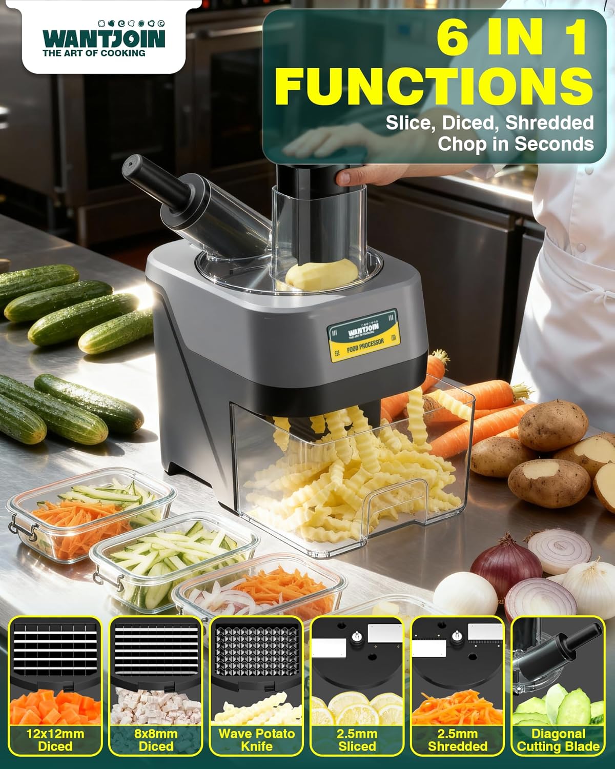 WantJoin 5 in 1 Electric Vegetable Chopper - Multifunctional Commercial Vegetable Dicer Food Fruit Processor Stainless Steel Blades for Slicing(2.5mm), Dicing(8/12mm), Chopping(2.5mm),Shredding