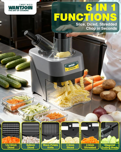WantJoin 5 in 1 Electric Vegetable Chopper - Multifunctional Commercial Vegetable Dicer Food Fruit Processor Stainless Steel Blades for Slicing(2.5mm), Dicing(8/12mm), Chopping(2.5mm),Shredding