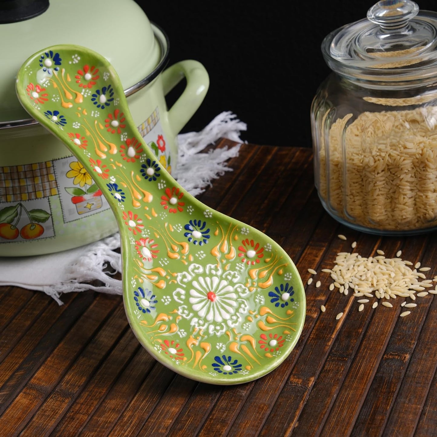 Handmade Spoon Rest, Ceramic Spoon Rest for Stove Top, 10" Spoon Rest for Kitchen Counter, Dishwasher Safe Spoon Holder for Stove, Housewarming Gifts Utensil Rest, Colorful Spoon Rests (Black)