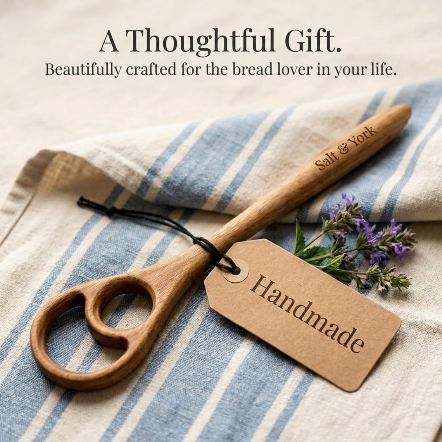 Salt & York Danish Dough Whisk, Acacia Wood Sourdough Bread Mixing Tool for Pizza Dough, Biscuits & Cake Batter, Kitchenware with Unique Wood Grain Hook, Ideal for Wedding & Housewarming Gift, 14.5 in