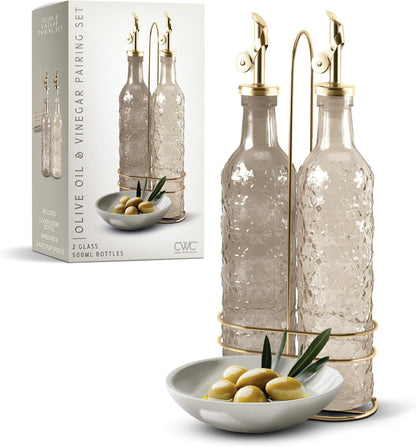 COOK WITH COLOR Glass Olive Oil Bottle Dispenser - 2 Pack- 17oz Oil and Vinegar Cruet - Olive Oil Carafe Decanter for Kitchen, Elegant Waves, Clear