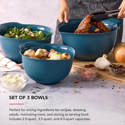KitchenAid Universal Nesting Plastic Mixing Bowls, Set Of 3, 2.5 quart, 3.5 quart, 4.5 quart, Non Slip Base with Easy Pour Spout to Reduce Mess, Dishwasher Safe, Aqua Sky, White, Gray