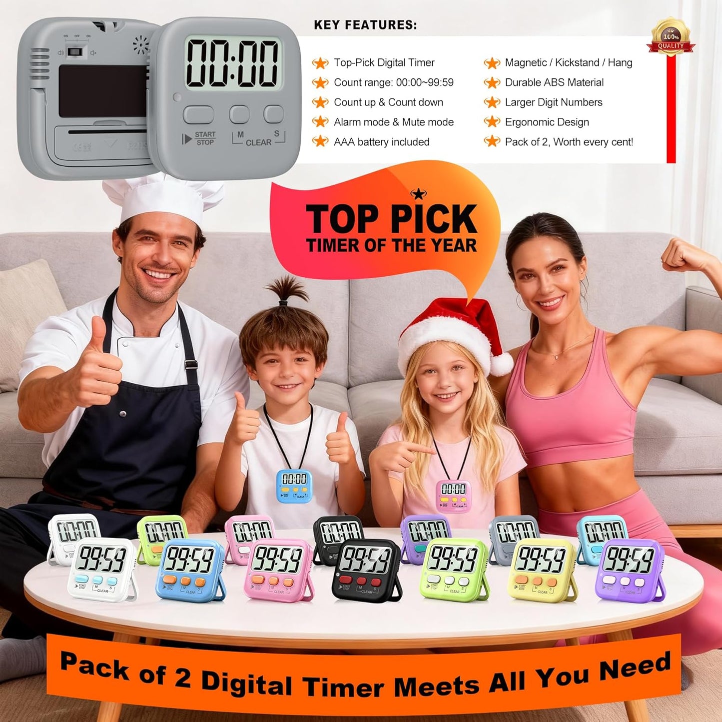 Antonki 2 Pack Digital Timer for Kids, Magnetic Countdown Kitchen Timers for Cooking, Egg, Classroom, Teacher, Exercise, Study, Oven - Battery Included