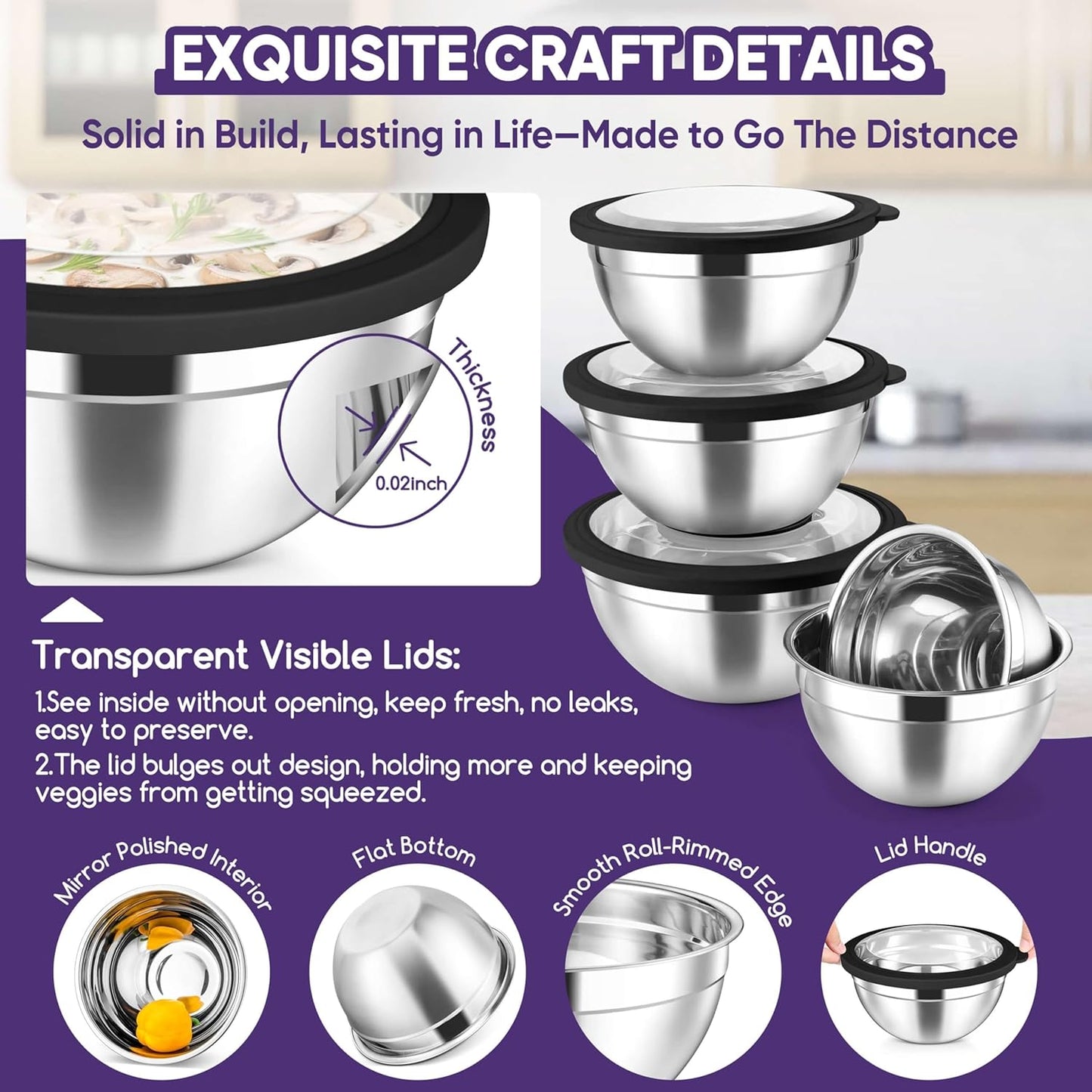 Herogo 5-Piece Mixing Bowls with Airtight Clear Lids, 3 Grater Attachments, Stainless Steel Salad Bowls for Kitchen, Size 4.6, 3.5, 2.5, 2, 1.5QT Ideal for Baking, Prepping and Serving, Khaki