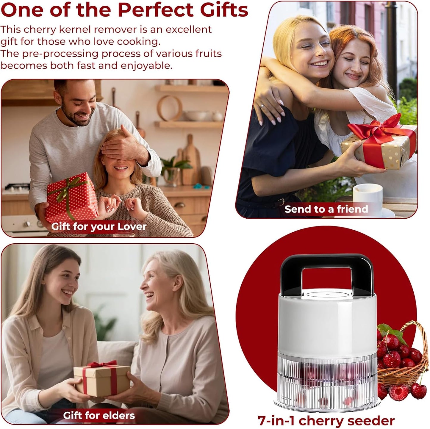 Cherry Pitter Tool - 7-in-1 Multiple Cherry Corer with 1.5" Extra Large Slots for Jumbo Cherries, Olive Pitter, Transparent Pit Container, Dishwasher Safe, Anti-Splash Design