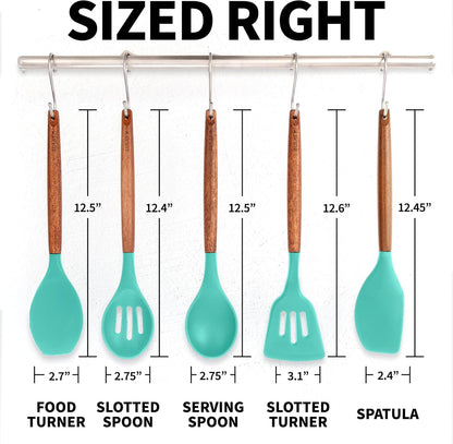 Zulay Kitchen Utensils Set Non-Stick Silicone Cooking Utensils Set with Authentic Acacia Wood Handles - 5 Piece Silicone Utensil Set - Kitchen Utensils Set with 464°F Heat Resistance - Gray