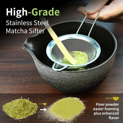 Matcha Whisk Set,Matcha Set Includes Ceramic Bowl with Spout,Stainless Sifter,Scoop,Whisk and Holder,Complete 5 Pcs Japanese Matcha Kit Making Tools,Green