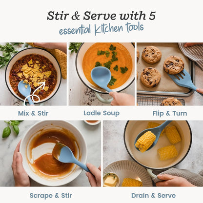 Starpack Stir and Serve Silicone Cooking Utensils Set (5-Piece, 11") - LFGB Non Toxic, 600°F Heat Resistant, BPA-Free - One-Piece Seamless, Dishwasher Safe - for Nonstick Cookware, Earthy Pink