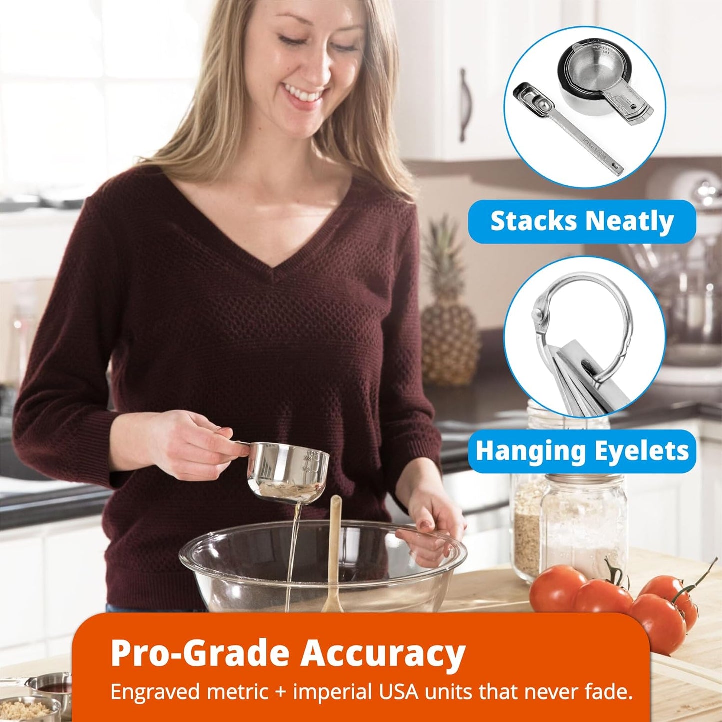 Premium 304 Stainless Steel Measuring Kit - 8-Piece Essential Cups and Spoons for Everyday Use, Stackable & Durable