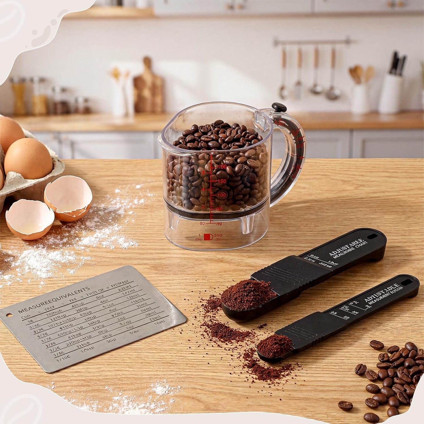 4 In1 Adjustable Measuring Cup Set Multi with Scraper Style Seal Base Adjustable Measuring Spoon Measurement Conversion Chart Space Saving Easy to Clean for Baking Cooking