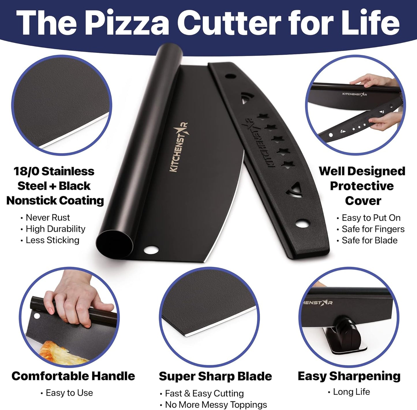 KitchenStar 14-Inch Pizza Cutter Rocker Blade - Sharp Stainless Steel Slicer Knife, Protective Cover, Dishwasher Safe, Large - Professional Pizza Oven Accessories