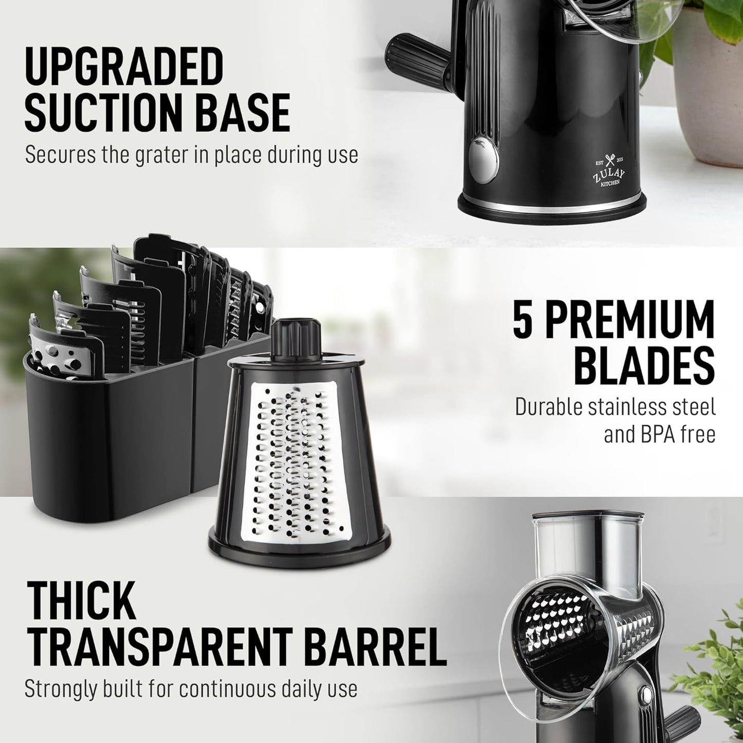 Zulay Kitchen Rotary Cheese Grater 5 Blade Cheese Shredder - Manual Hand Crank Cheese Grater With Reinforced Suction & 5 Interchangeable Drums - Easy to Use, Vegetable Chopper Round Mandoline Slicer - Colors B