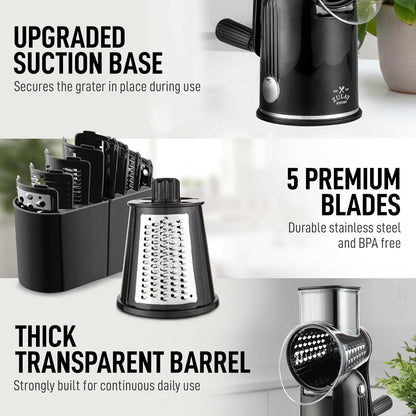 Zulay Kitchen Rotary Cheese Grater 5 Blade Cheese Shredder - Manual Hand Crank Cheese Grater With Reinforced Suction & 5 Interchangeable Drums - Easy to Use, Vegetable Chopper Round Mandoline Slicer - Colors B