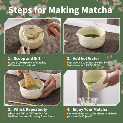 Matcha Whisk Set, 5 Pcs Ceramic Matcha Set, Matcha Kit Set Includes Matcha Bowl, Matcha Whisk and Holder, Bamboo Scoop and Sifter, Matcha Tea Set, Ideal Gift for Family/Friend (Pink)