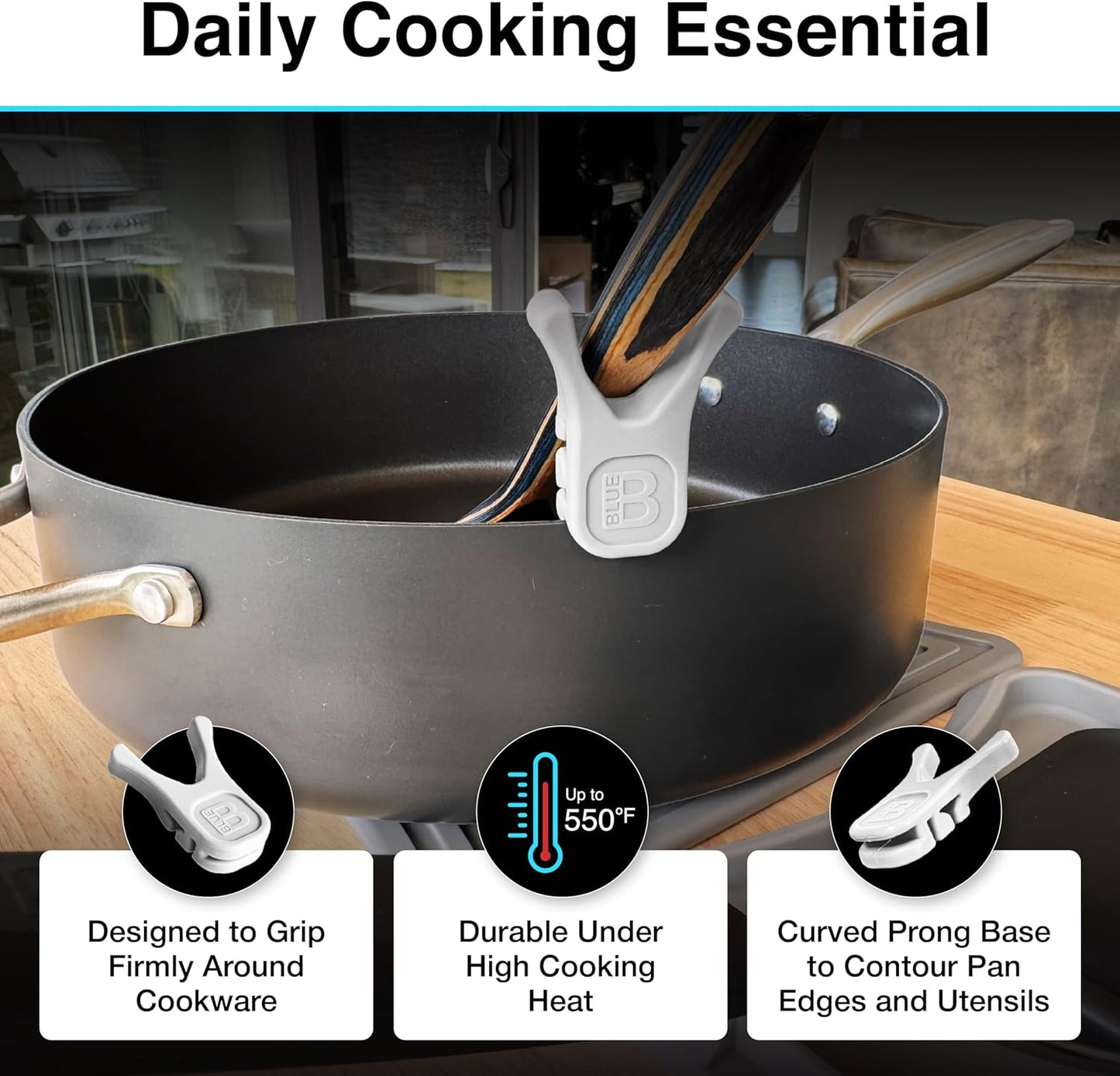 Nottaslip Utensil Prong Pot Spoon Holder - Premium Silicone Spoon Rest - Heat-Resistant to 550°F, BPA-Free, Dishwasher Safe Utensil Pot Clip, Fits Most Pots & Pans - Non-Slip Silicone - 2PK, Black