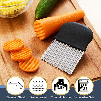 Stainless Steel Crinkle Cutter - Large French Fry Slicer, Potato Knife with Non-Slip Handle, Fruit and Vegetable Wavy Chopper