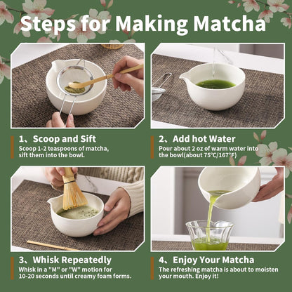 Matcha Whisk Set, 5 Pcs Ceramic Matcha Set, Matcha Kit Set Includes Matcha Bowl, Matcha Whisk and Holder, Bamboo Scoop and Sifter, Matcha Tea Set, Ideal Gift for Family/Friend (Pink)