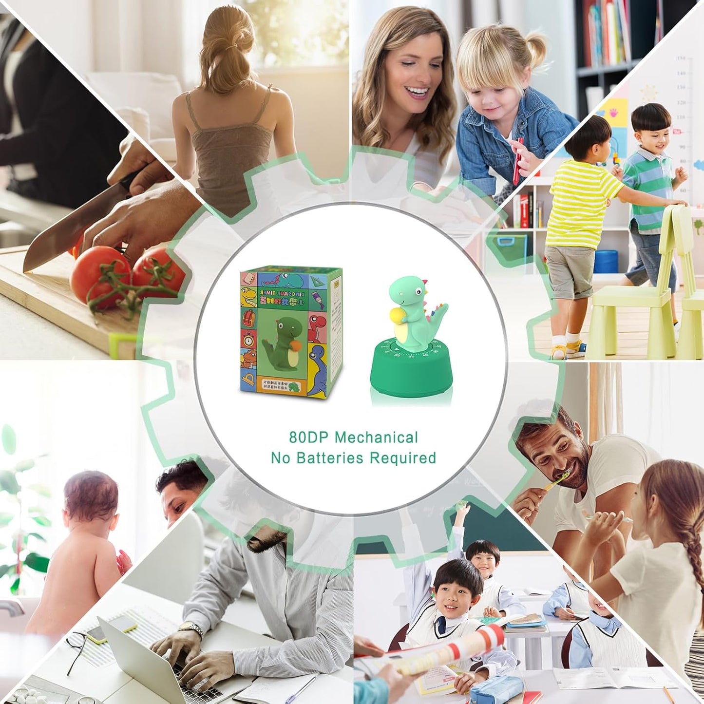 ELE DEPI 60 Minutes Mechanical Kitchen Timer,Cute Dinosaur Timer for Kids,Wind Up Egg Timer for Cooking,Reading,Classroom and Do Sports. (Dark Green)